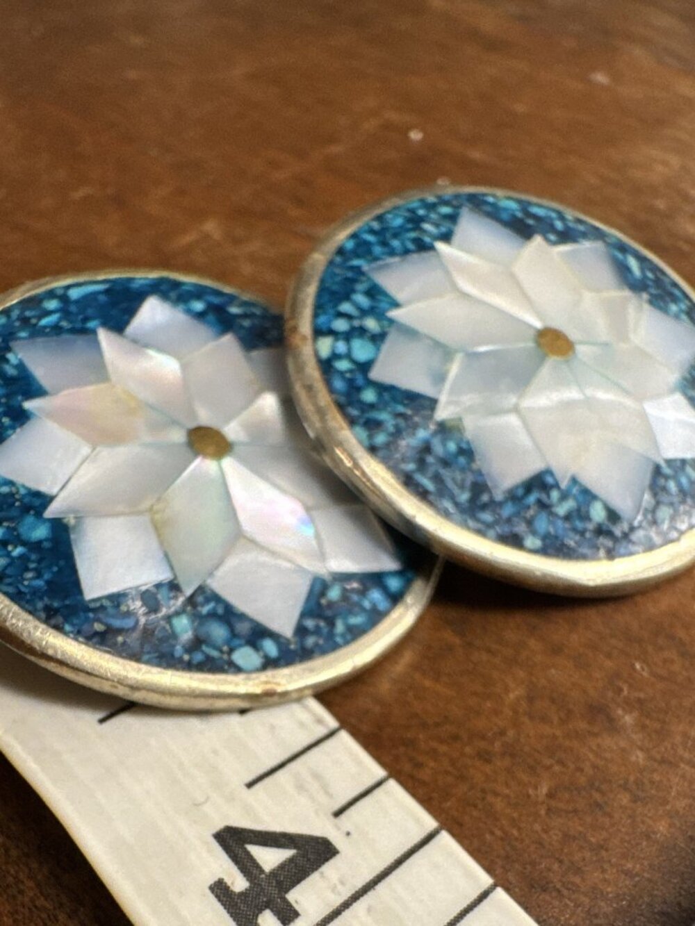 VTG Alpaca Mexico Mosaic Clip On Earrings Turquoise Chip Mother of Pearl Flower